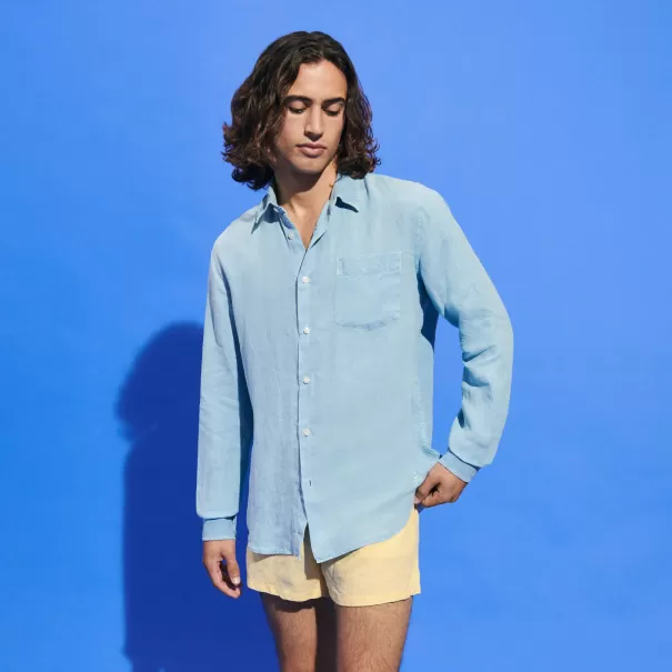 Source / Bleu Homme Chemises Chemise En Lin Homme Uni Coloration Minérale Campagne Vilebrequin
