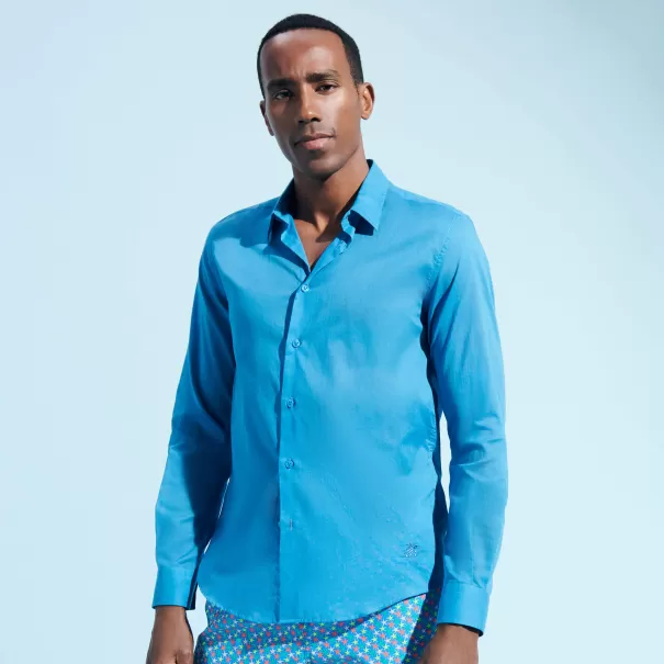 Chemises Vilebrequin Pas Cher Calanque / Bleu Homme Chemise Légère En Voile De Coton Unisexe Unie