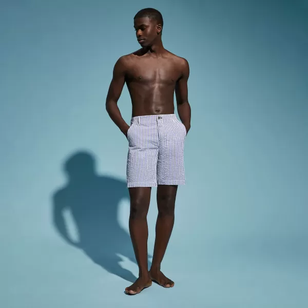Homme Bermudas Et Shorts Précieux Vilebrequin Bleu Jean / Bleu Bermuda Chino En Coton Homme Seersucker