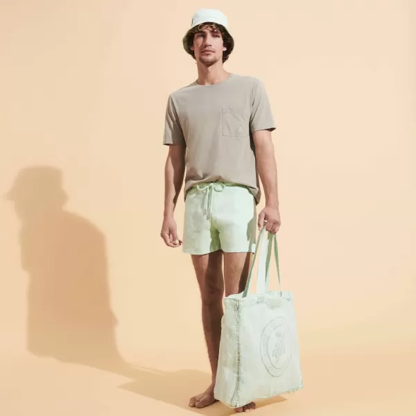 La France Vilebrequin Tote Bag En Lin Imprimé Tortue Teinture Minérale Sacs De Plage Homme Vert D'eau / Vert