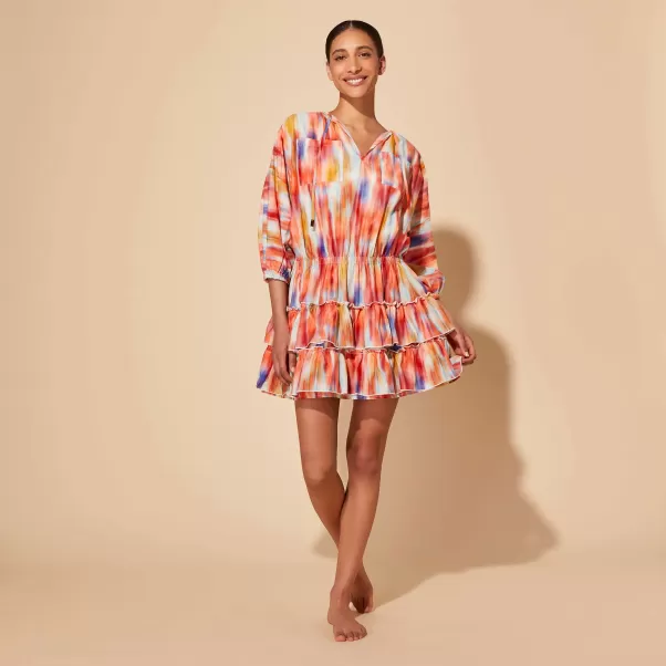 Vilebrequin Multicolore / Multi Robes Femme Robe Courte À Volants En Coton Et En Soie Femme Ikat Flowers Rester